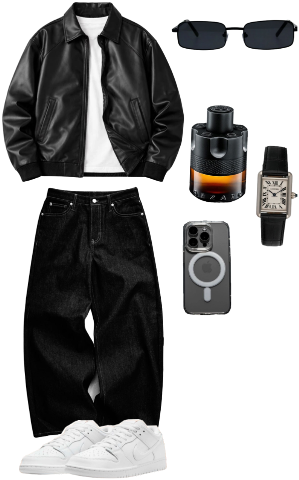 Conjunto de campera de cuero, jean negro y zapatillas blancas